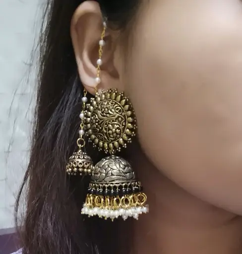 Golden Intricate Pearl Jhumka With Jhumki Ear Chain