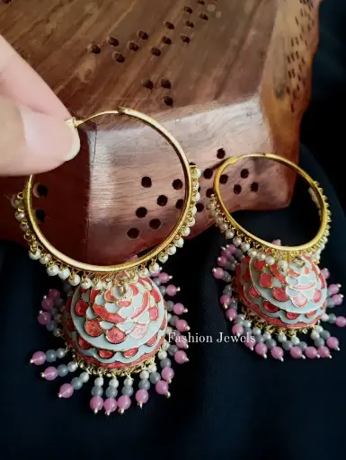 Golden Meenakari Coloured Beads Pearl Hoop Jhumka