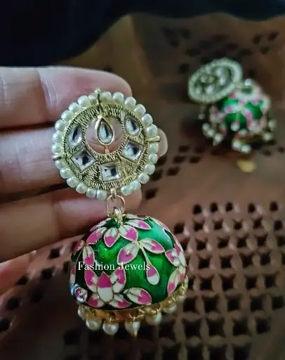 Golden kundan Green Meenakari Pearl Jhumka