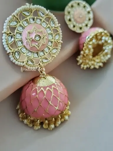 Pastel pink kundan Meenakari pearl Golden Jhumka