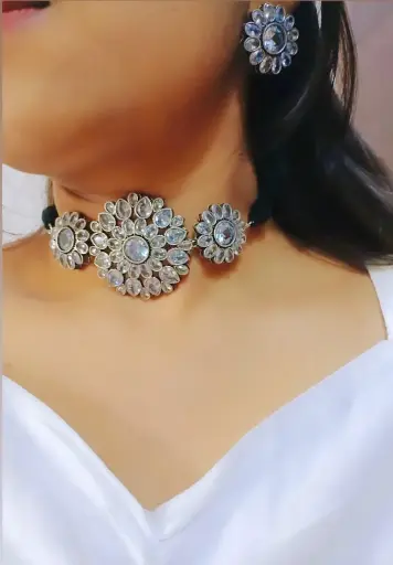 Shanaya Zircon Brass Silverlook alike choker set