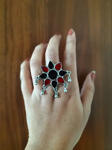 Silver Enameled Black- Marron Ghunghroo Ring