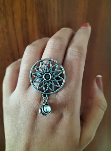 Silver statement flower Ghunghroo Ring