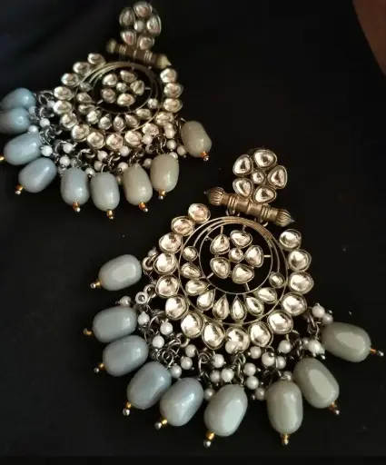 Blackmetal Kundan pearl Grey beads Chandbali
