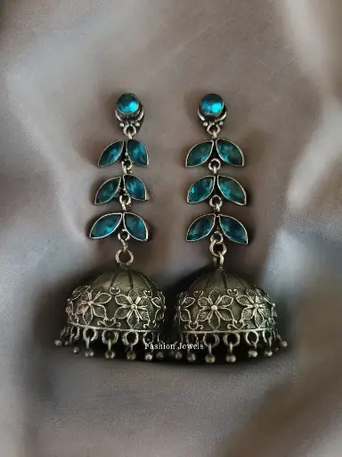 Blue leaf designed Silverlook alike Jhumka