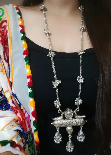 Long Chain Ghunghroo Pendant German Silver Necklace