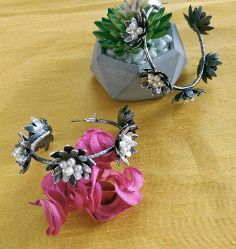 Silverlook Alike Brass Pearl Flower Hoops