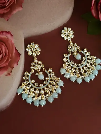 Golden Kundan Pastel Grey Pearl Chandbali