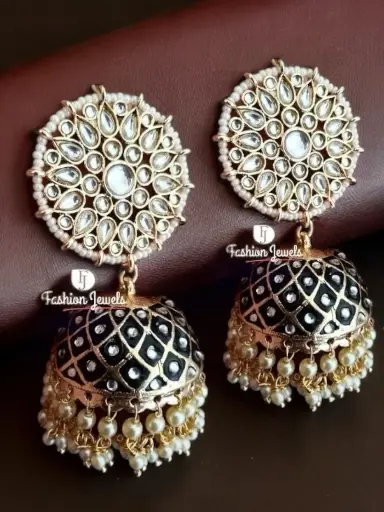 Golden Kundan Black Pearl Meenakari Jhumka
