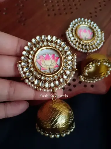 Premium Golden Kundan lotus Meenakari jhumka