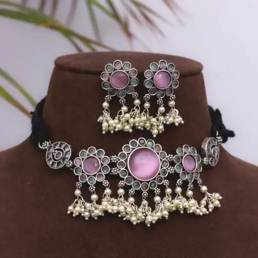 Silverlook alike Zircon pearl pastel Choker set
