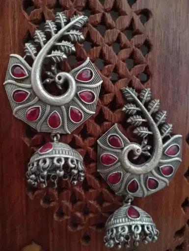 Silverlook alike peacock Ruby stone Jhumka
