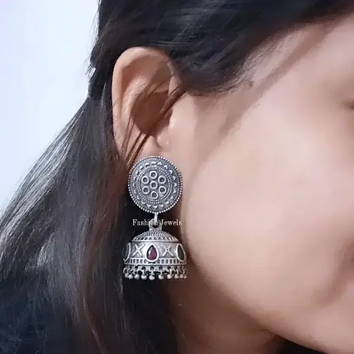 Silverlook alike Intricate Ruby Green Jhumka