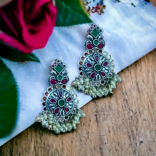 Silver Ruby Pearl Ghunghroo Chandbali