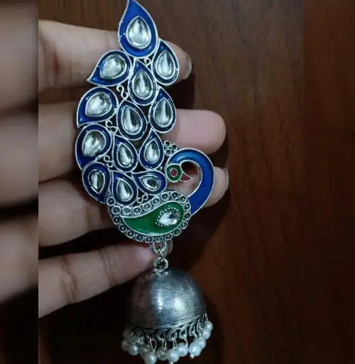 Silver Peacock Kundan pearl Jhumka