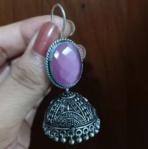 Silver Pink Stone Hook Jhumka