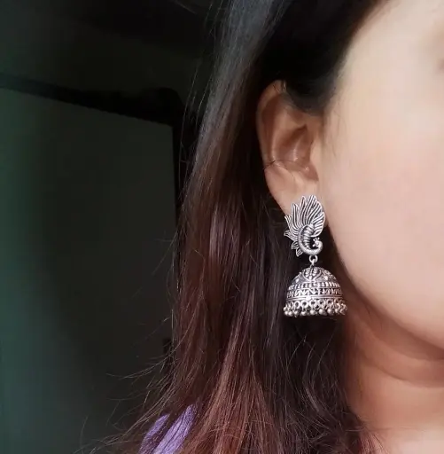Silver Peacock oxidised jhumka