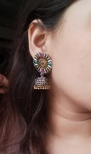 Dualtone Ruby green stone jhumka