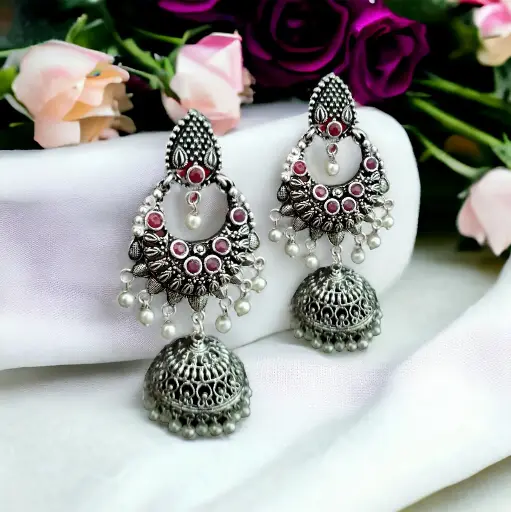 Silver Ruby stone pearl jhumka