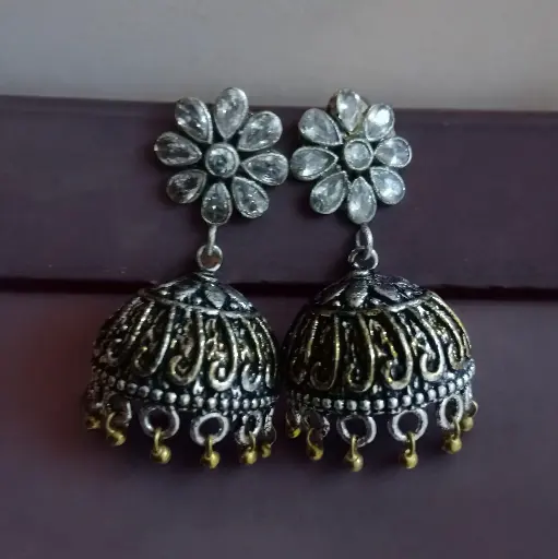 Silver zircon stone dual tone Jhumka