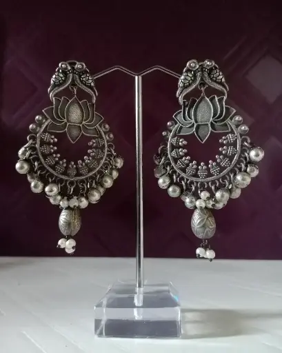 Silverlook alike lotus pearl Ghunghroo Chandbali