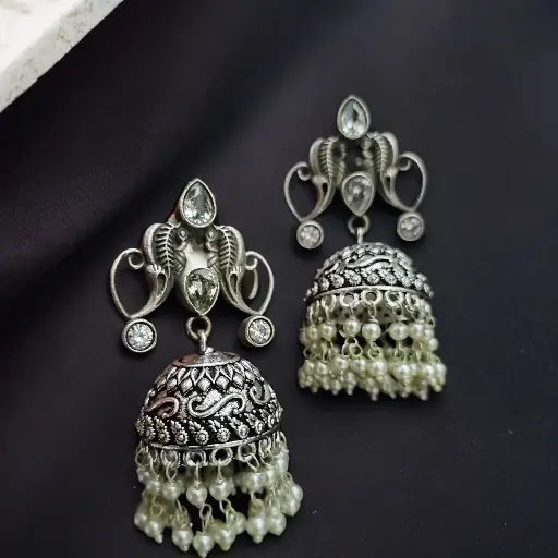 Silverlook Alike Brass Zircon Pearl Jhumka