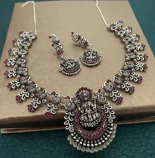 Mahadevi Silver Ruby Necklace set