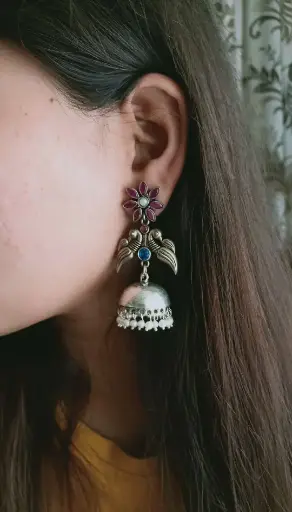 Silver Ruby stone Flower Pearl Jhumka