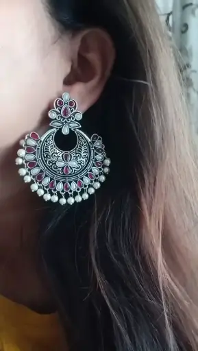 Silver Ruby stone pearl lightweight Chandbali