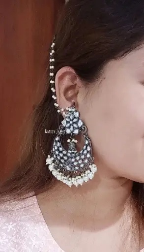 Statement Blackmetal High quality kundan Chandbali with Sahara