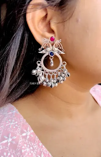Silver Ghunghrroo peacock oxidised Earring
