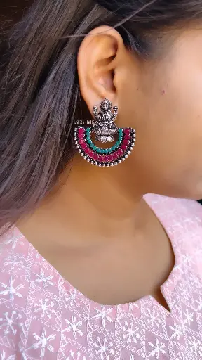 Silver oxidised lakshmi stone Chandbali
