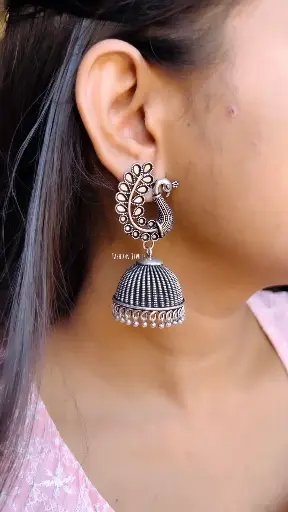 Silver oxidised jumbo peacock jhumka