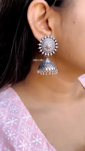 Silver Flower oxidised medium jhumka