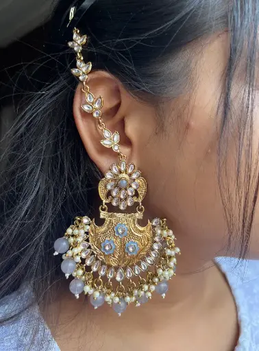 Shreena Kundan Grey Pearl Beads Sahara Chandbali