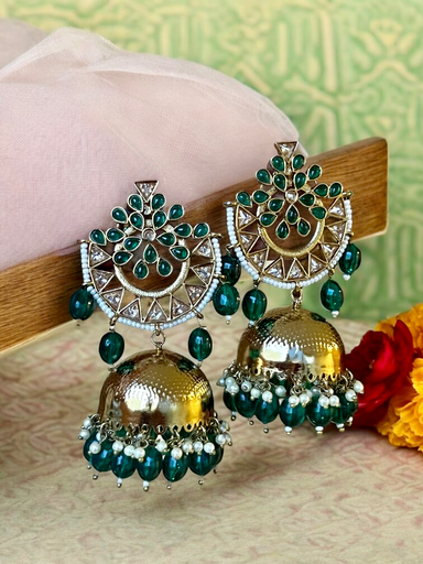 Mrunal Emerald Beads Premium Golden Jhumka