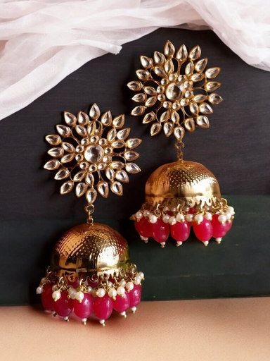 Sunidhi Premium kundan Red beads Golden jhumka