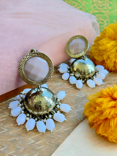 Prajakta light pink beads golden Jhumka