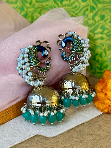 Naina premium Green beads golden  pearl jhumka