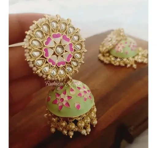 Golden kundan Round stud Meenakari Jhumka 