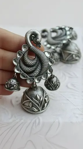 Silverlook alike zircon Stone triple jhumka
