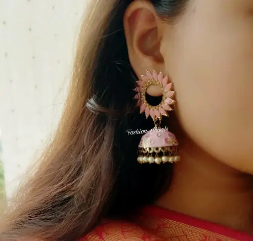 Pastel pink meenakari pearl Jhumka