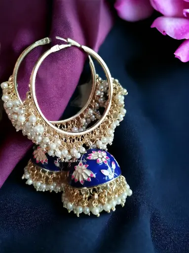 Golden Kundan blue meenakari pearl hoop jhumka