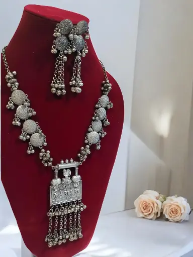 Silver Oxidised Long Statement Ghunghroo Necklace Set