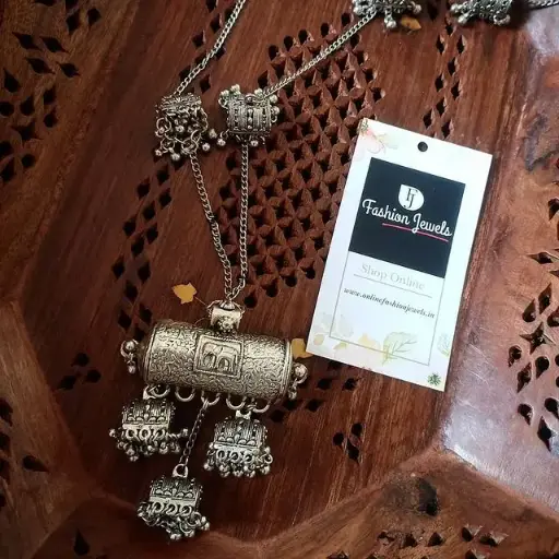 Silver Elephant carved long Jhumki Necklace