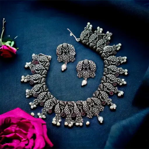 Silver peacock designed ruby pearl Necklace set