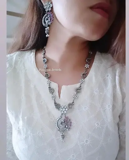 Silverlook alike Peacock designed Ruby and Pearl Necklace set