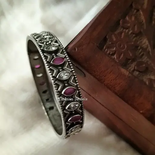 Silverlook alike Brass Zircon and Ruby stone Kada